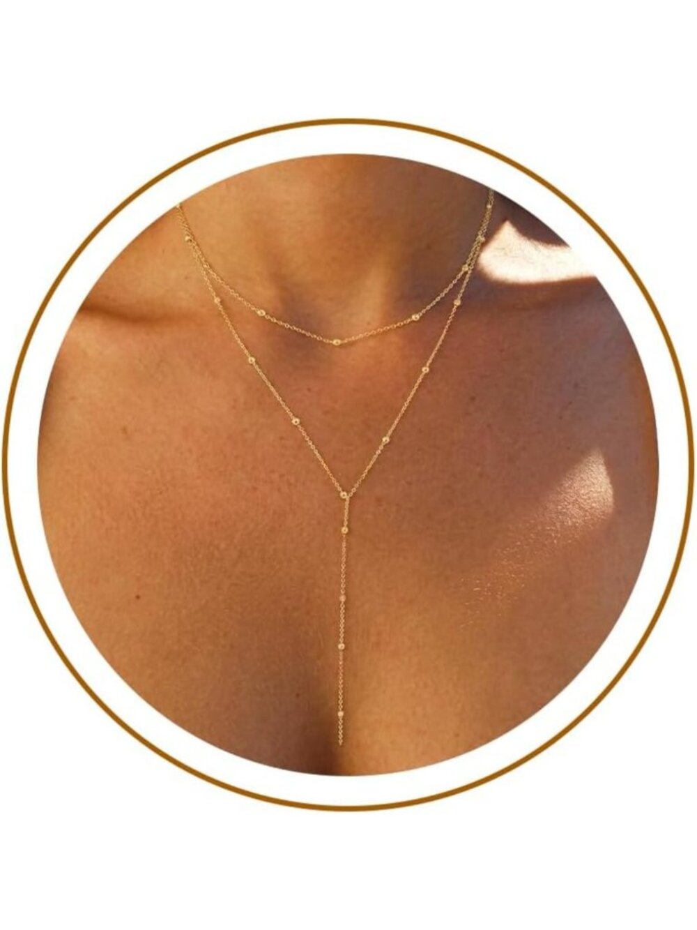 Dainty Gold Lariat Necklace for Women, Y-Shaped Pendant, Layered CZ Beaded Chain